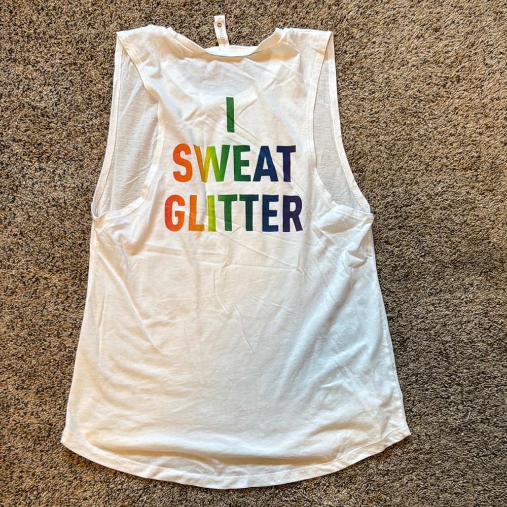 CycleBar Hillcrest Rainbow Logo White Tank I Sweat Glitter NWOT